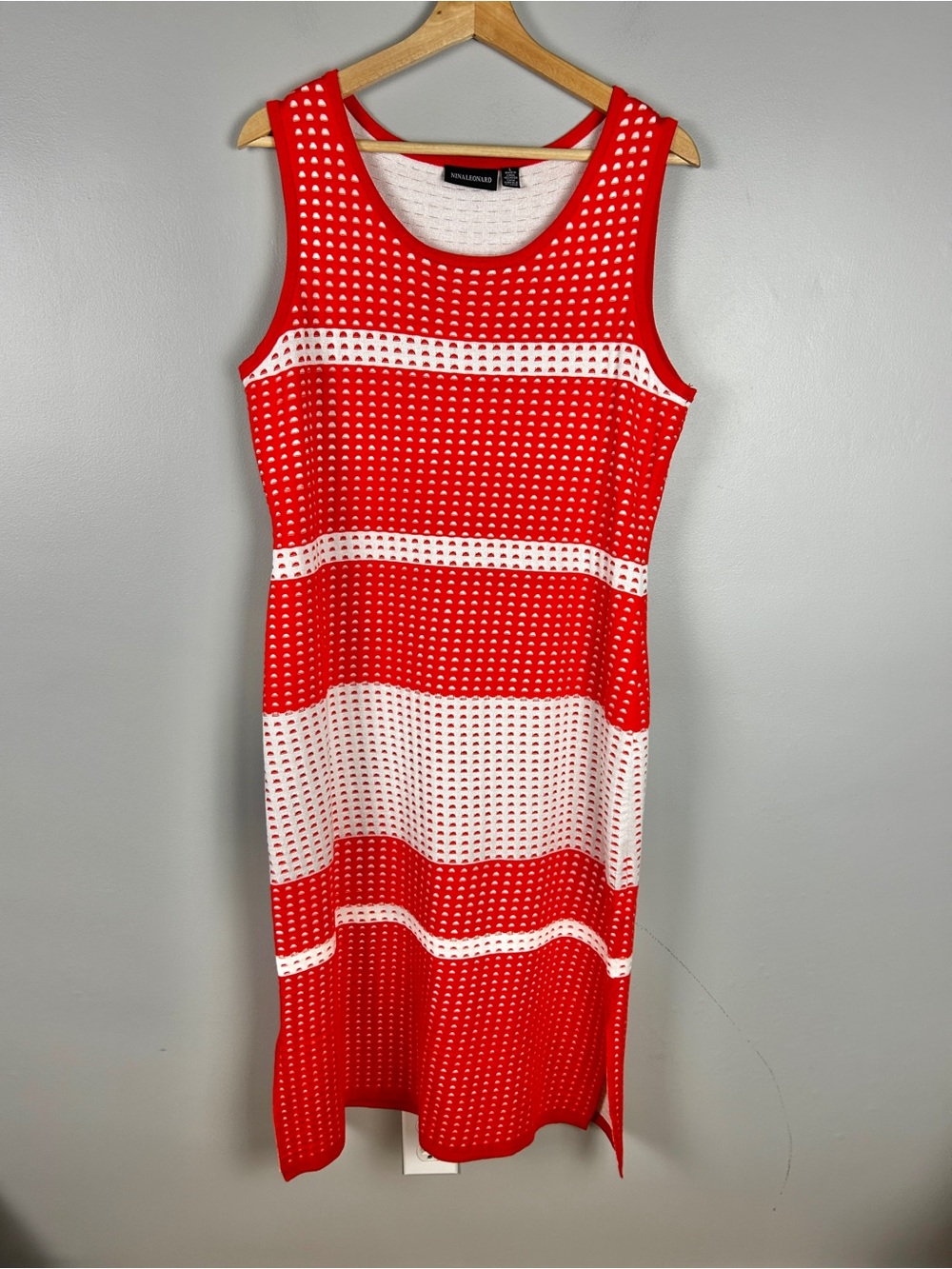 NINA LEONARD Knit Midi Dress Stretch Orange White Large Coastal Casual Comfort